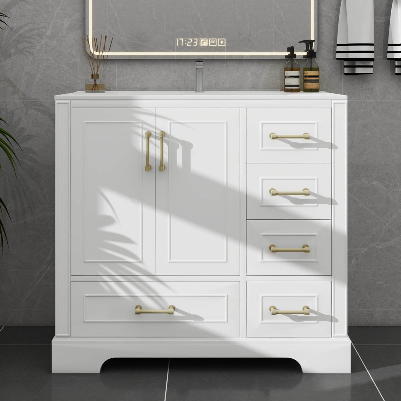 Meuble-lavabo traditionnel 36 po avec lavabo en céramique, armoire de salle de bain avec deux portes à fermeture douce et quatre tiroirs