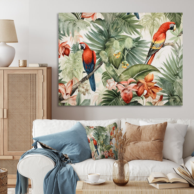 Perroquet au paradis I - art mural perroquet, Toile tendue, H 16 po x l 32 po x P 1 po