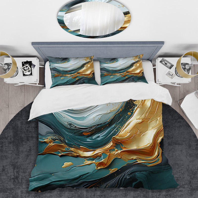 Ensemble de housse de couette à peinture abstraite or et vert, Housse de couette pour très grand lit et 2 très 