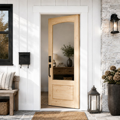 Porte d'entrée vitrée en pin massif avec serrure à clavier et porte d'entrée en bois brut avec verre trempé double