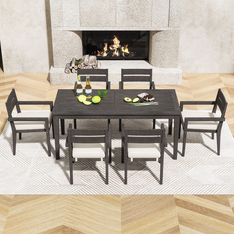7-Piece Waterproof Outdoor Dining Set with Patio Table and 6 Upholstered Chairs, Gray
