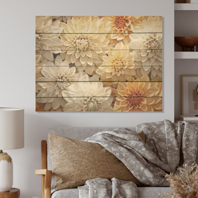 Minimalisme Blooming Mums, peinture en beige et blanc - Art sur bois de pin naturel
