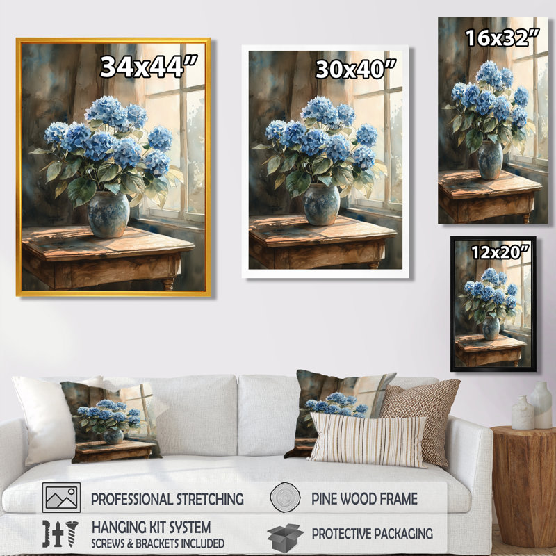 Hortensias dans une nature morte scène I - hydrangées, art mural, H 44 po x l 34 po, Impression encadrée sans passe-partout