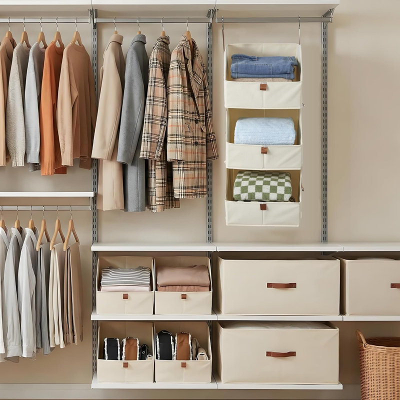 Organisateur de garde-robe suspendu à 4 niveaux, rangement en tissu pliable, pour chambre à coucher, beige, paquet de 2