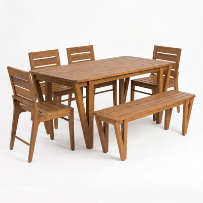 Echo Patio 6-Person Acacia Wood Dining Set With Bench & Curved-Back Dining Chairs
