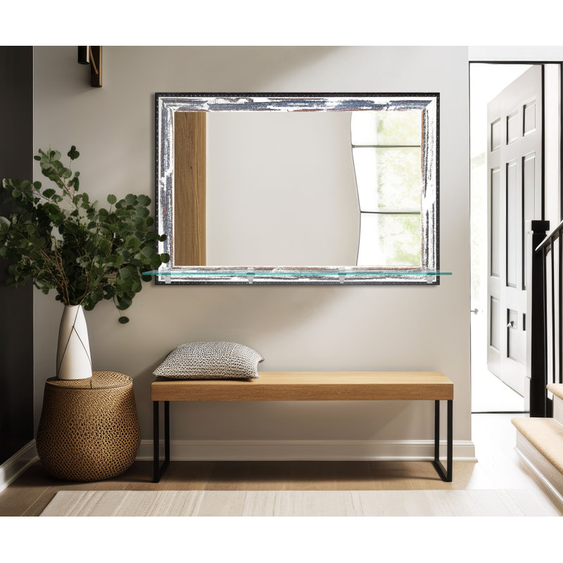 Miroir d'appoint Mowery, 32,5 po x 48 po, Ivoire rustique vieilli / noir / bleu marine / chr