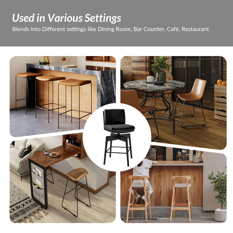 Lafrance Modern Faux Leather Swivel Barstool with Removable Back Cushion and Solid Wood Legs(Set of 2), Black