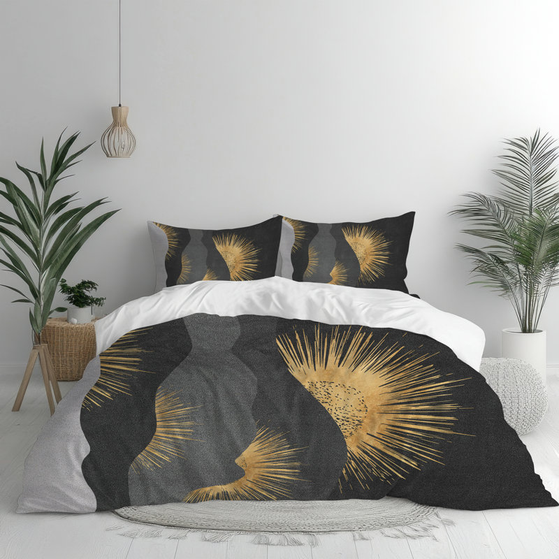 Microfiber Comforter Set, Queen Comforter + 2 Standard Shams, Gray/Black/Gold Abstract