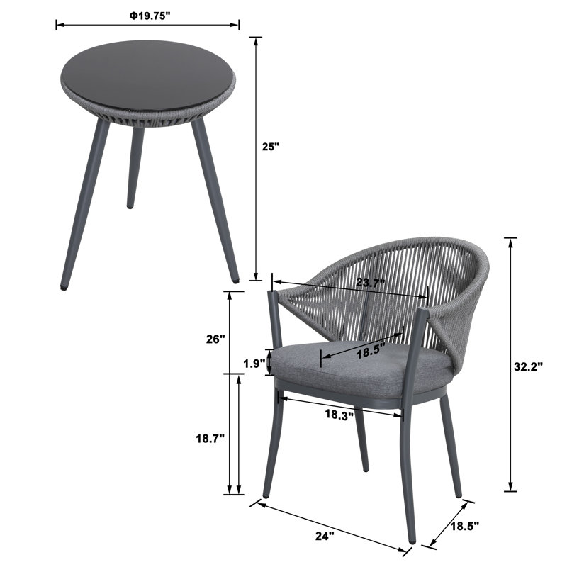 Brandsville 32.3" H 2-Person Round Aluminum Bistro Set with Cushions, Gray