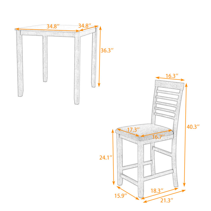 Ensemble de salle à manger 5 pièces Ruven, table à hauteur de comptoir en bois et 4 chaises rembourrées, Gris, Gris