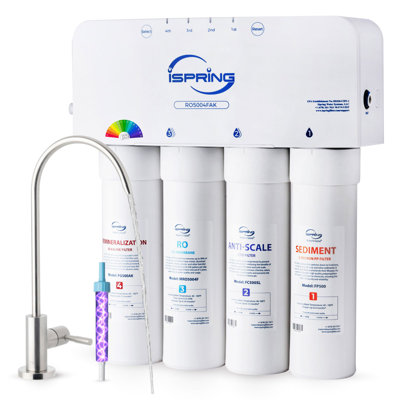 iSpring Water Systems iSpring RO5004F-AK Alkaline Reverse Osmosis Water Filter with UV, 500 GPD, pH+, 2:1 Pure to Drain, Tankless Remineralization RO System Under Sink with