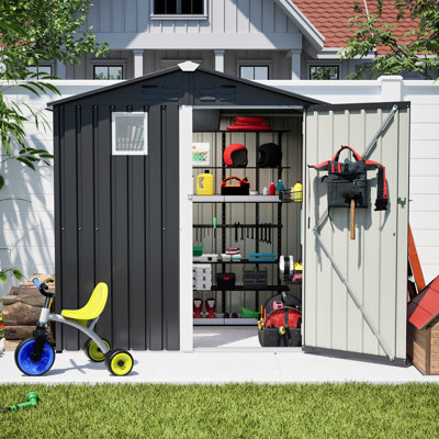 Remise de rangement extérieure en métal noir 6 pi x 4 pi, coffre à outils utilitaire pour patio de jardin, avec serrure et fenêtre transparente, grande capacité, rangement rapide sur la pelouse, espace de porte verrouillable, espace facile
