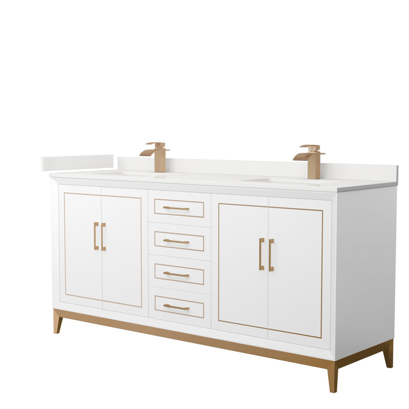 Meuble-lavabo double Marlena, Nickel brossé, Blanc, Quartz Giotto