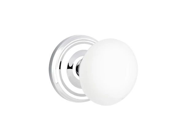 Ensemble de mortaise intérieure Emtek Passage avec rosette régulière et bouton en porcelaine blanc glacé (droite)
