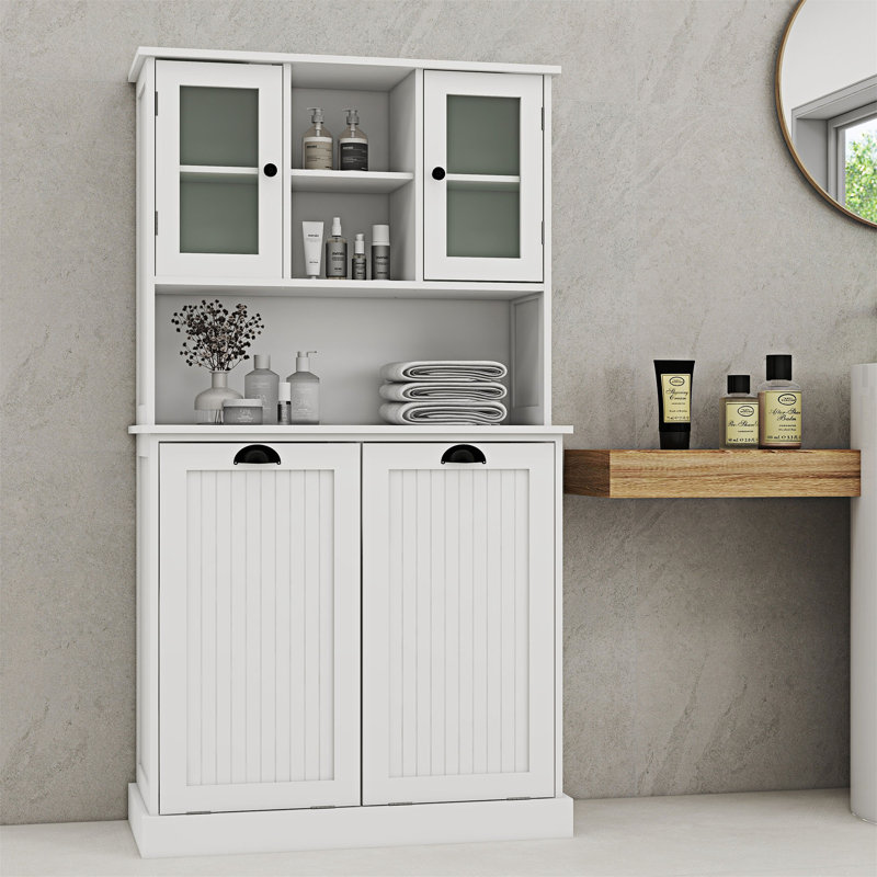 Aspasios Two-Compartment Tilt-Out Dirty Laundry Basket Tall Bathroom Cabinet with 2 Adjustable Shelves, White