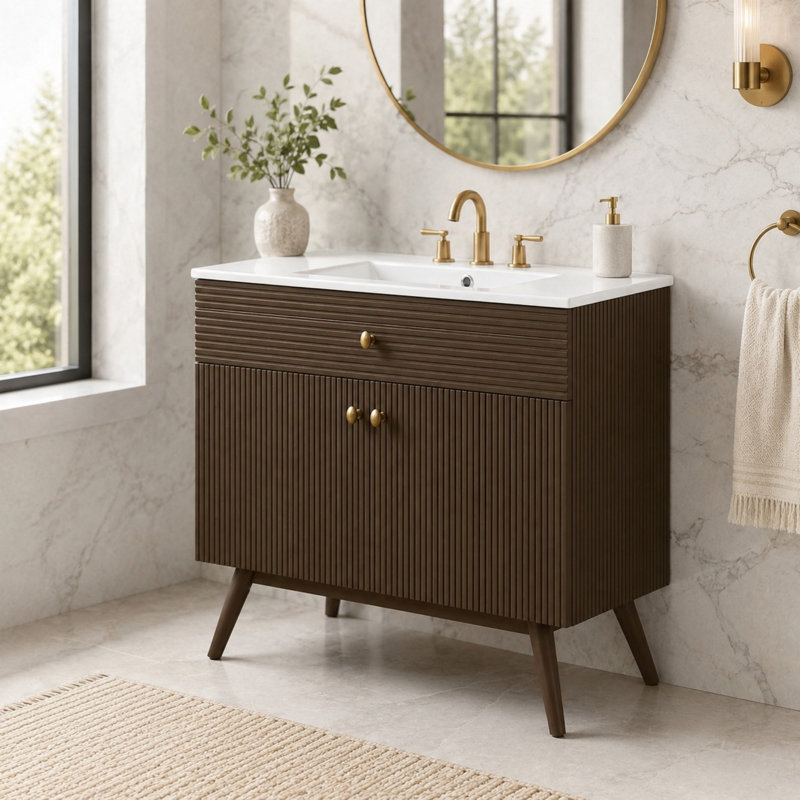 Meuble-lavabo autoportant de 91 cm (36 po) avec lavabo en céramique, 2 portes à fermeture amortie et armoire à rayures brun foncé