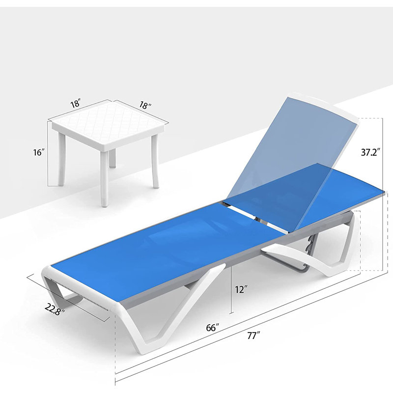 Chaise de patio d'extérieur en polypropylène aluminium avec dossier réglable, table d'appoint, pour la plage, la cour, le balcon, la chaise longue pour la piscine (1 chaise avec table)
