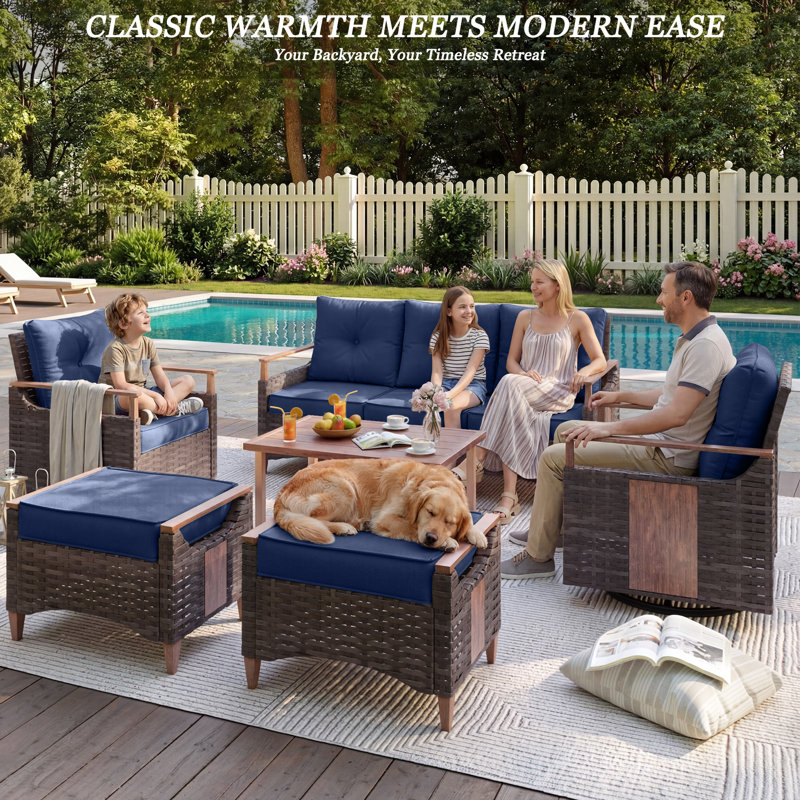 Melvarn 5-Person Outdoor Furniture Set Wicker Swivel Glider Chairs Patio Conversation Sets With Cushions, Blue