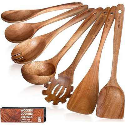 Ensemble d'ustensiles en bois, spatule en bois antiadhésive 7 pièces POURSUITE, ustensiles de cuisine en bois non toxiques, cuillères en bois pour la cuisson (A07)