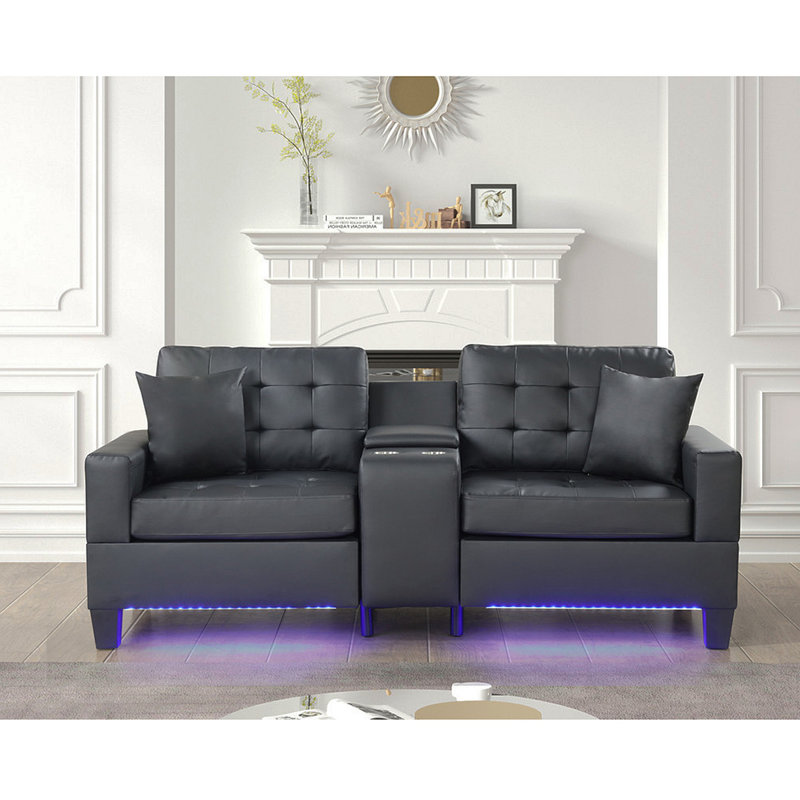 Canapé rembourré en PVC avec lumières DEL et console de rangement, noir