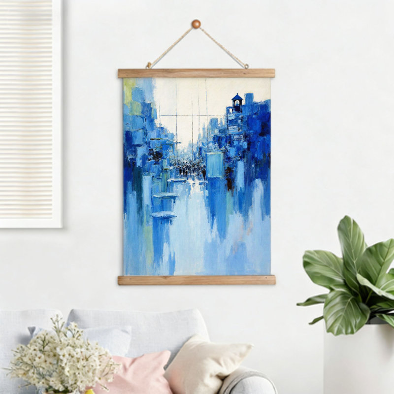 «Blue Abstract City Skyline», art mural à volutes suspendues, cintre en bois intégré, 16 x 24