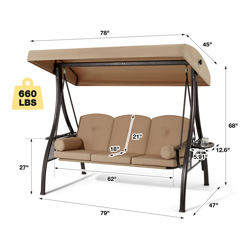 Brown Steel Frame 3-Seat Outdoor Porch Swing with Adjustable Canopy