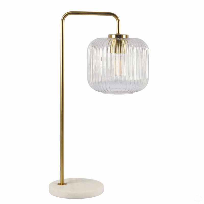 Lampe de table en verre transparent avec base en métal brossé doré et marbre, bouton de contrôle