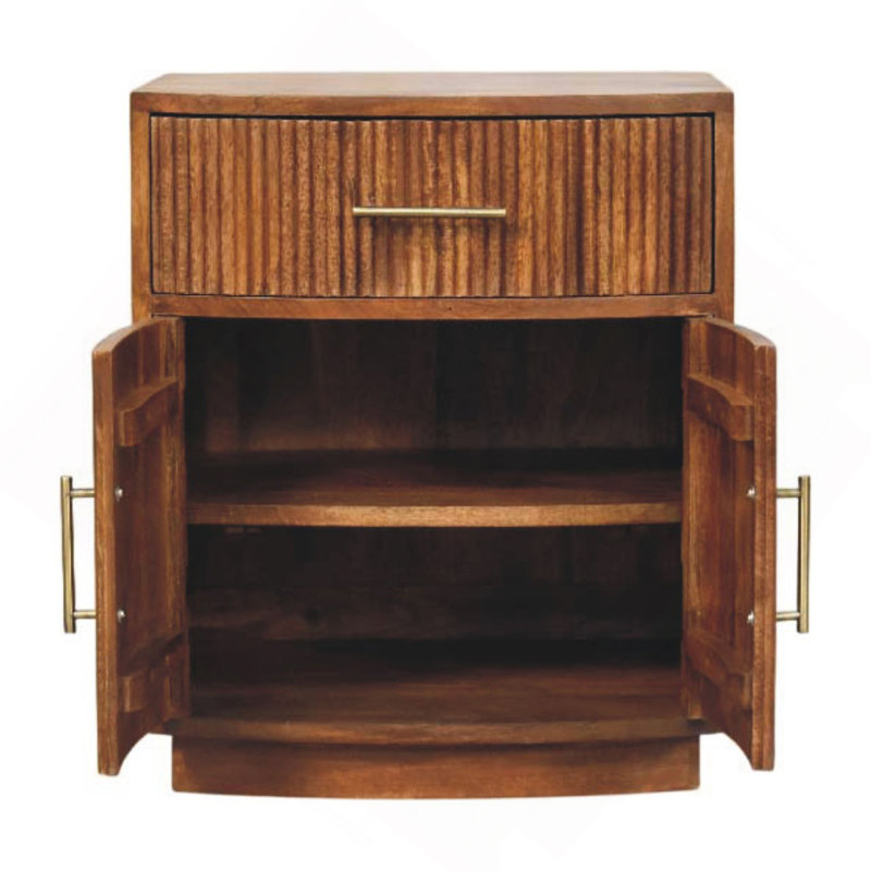 Table de chevet nervurée courbée en bois massif avec tiroir, brun, 1 porte, Brun