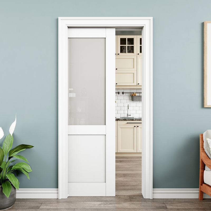 Porte coulissante à galandage 36x80 en verre trempé dépoli semi-vitré avec fermeture amortie, âme pleine, peignable et imperméable, utilisable comme porte de buanderie, porte de placard, porte de chambre ou porte escamotable.