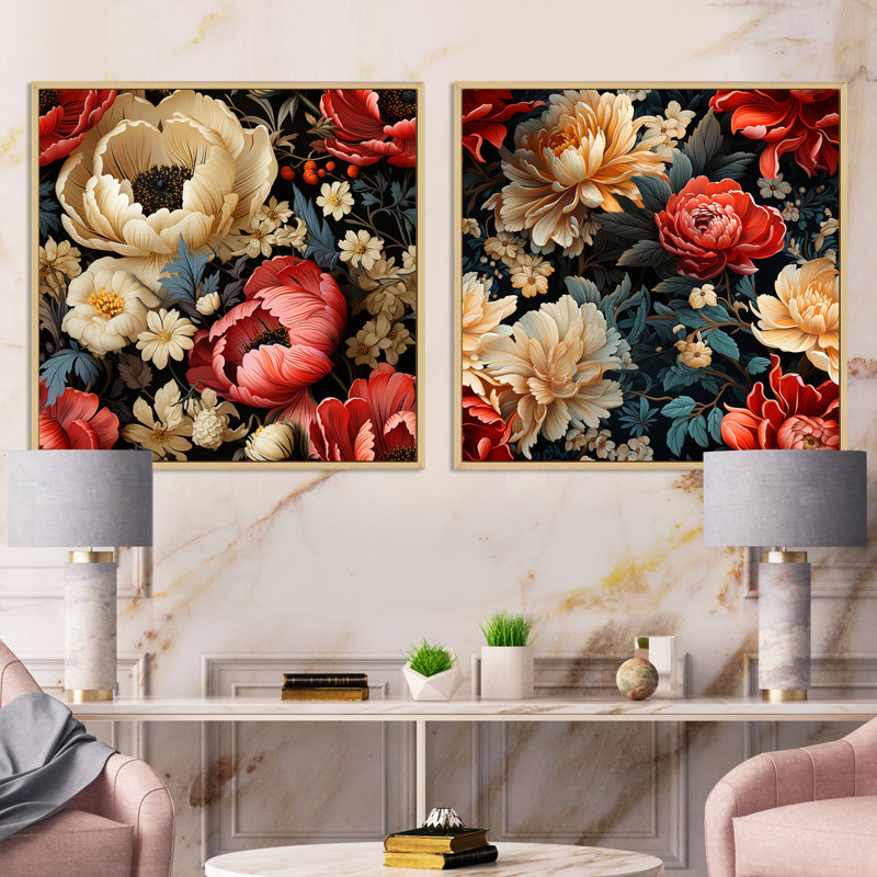 Poppy Blossum - rouge et beige, H 16 po x l 33 po, Cadre flottant brun