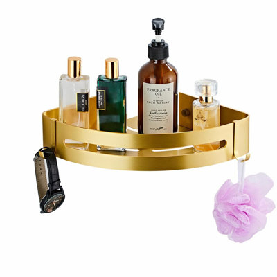 LuxShower Brushed Gold Corner Shelf - Wall Mount Organizer with Hooks, Adhesive or Drill Installation