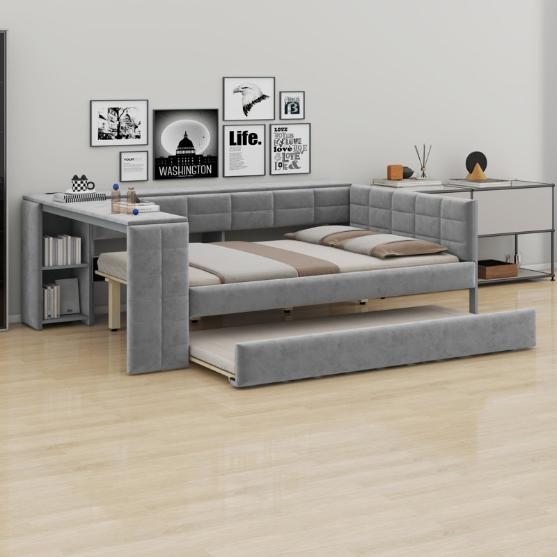 Lit plateforme tapissier avec tablettes de rangement, bureau, station de charge et lit gigogne, Gris