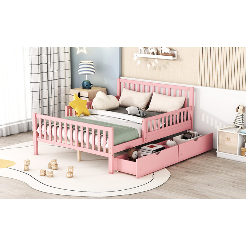 Lit plateforme double en bois rose avec garde-corps sécurisés et options de rangement pratiques, Full , Pink