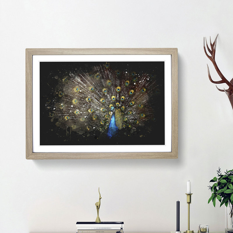 Peacock with Outstretched Feathers - Picture Frame Graphic Art Print, Oak Framed, 33cm H x 45cm W x 2cm D