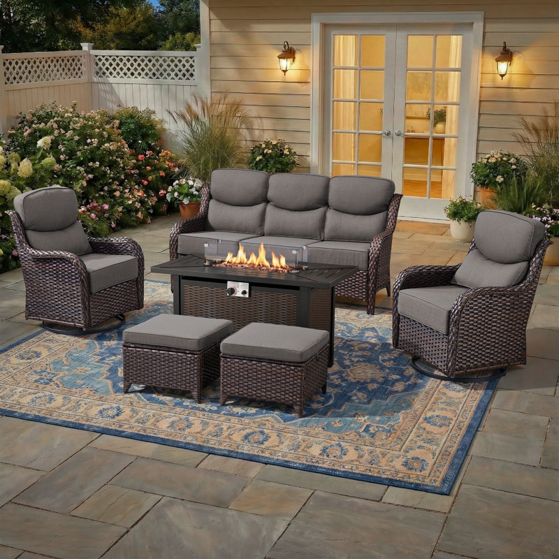 7 - Person Luxury Wicker Patio Furniture Set With Fire Pit Table & 6-Inch Extra-Thick Cushion Swivel Chairs, Brown, Gray