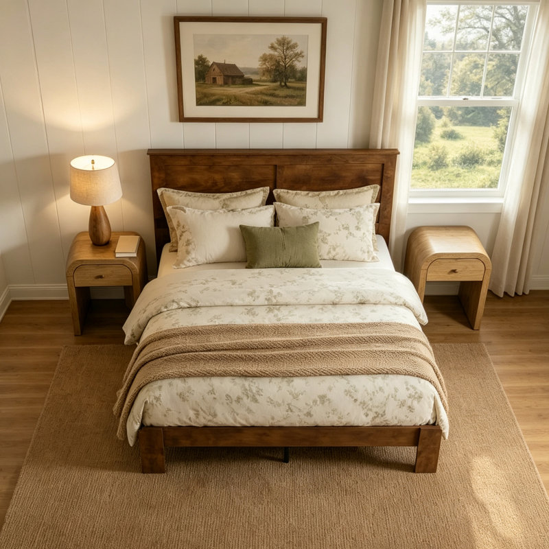 Ensemble de chambre à coucher traditionnel de style ferme antique, composé de 3 pièces : 1 lit plateforme en bois de taille queen et 2 tables de chevet incurvées en bois.