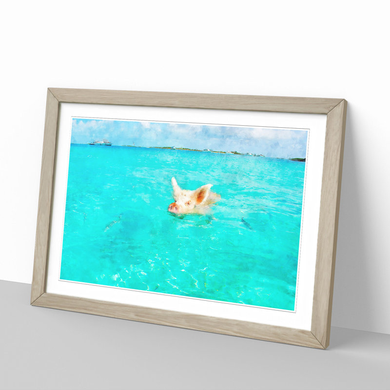 Swimming Pig - Picture Frame Painting, 36cm H x 48cm W x 2cm D, Oak Framed