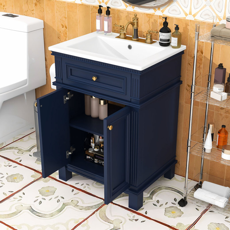 Meuble-lavabo de salle de bain avec lavabo, portes à fermeture douce et tablette réglable, Bleu