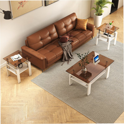 3-Piece Coffee Table,Square Glass Tea Table