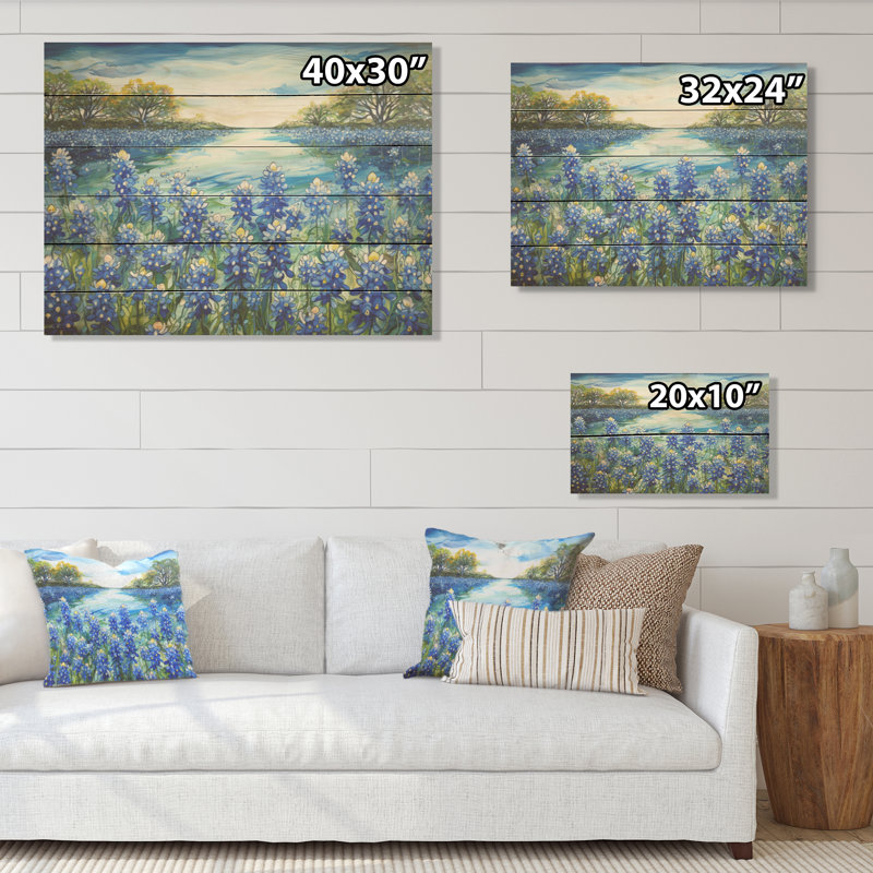 Calming Blue Bonnets Floral Field I - Flower Field Wood Wall Art On Natural Pine Wood, 10" H x 20" W