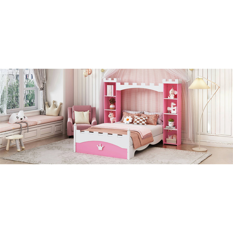 Lit plateforme en bois de style château avec tablette de rangement, lit simple Dreamy, Pink/White