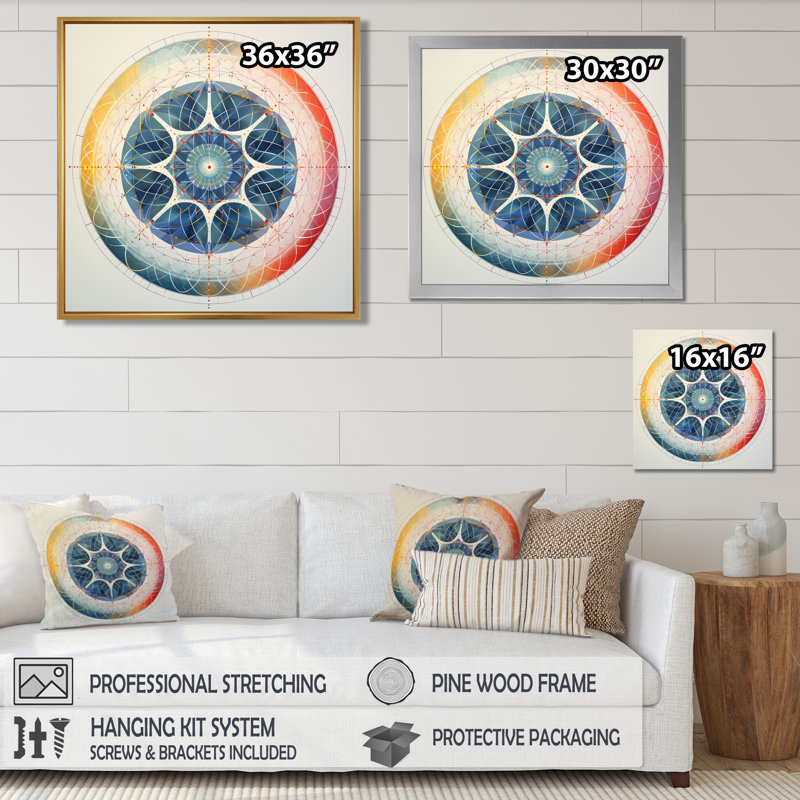 Étoile bleue rétro rétro - art mural mandala boho, Toile avec cadre flottant noir, H 16 po x l 16 po x P 1 po