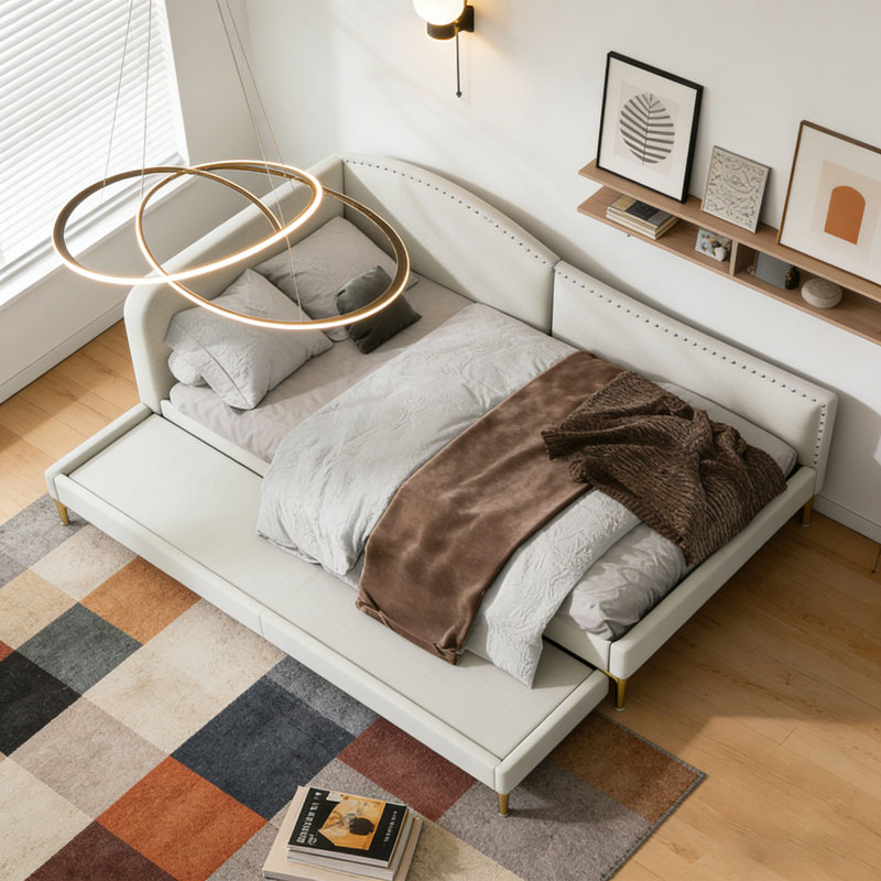 Upholstered Daybed with Headboard and Armrest, Beige, Full/Double