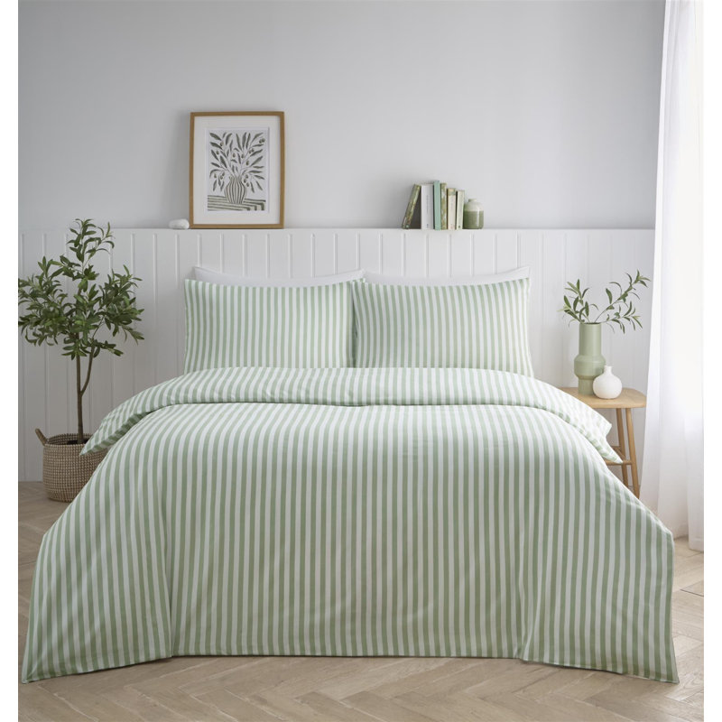 Cotton Blend Striped Duvet Cover Set, Sage, King