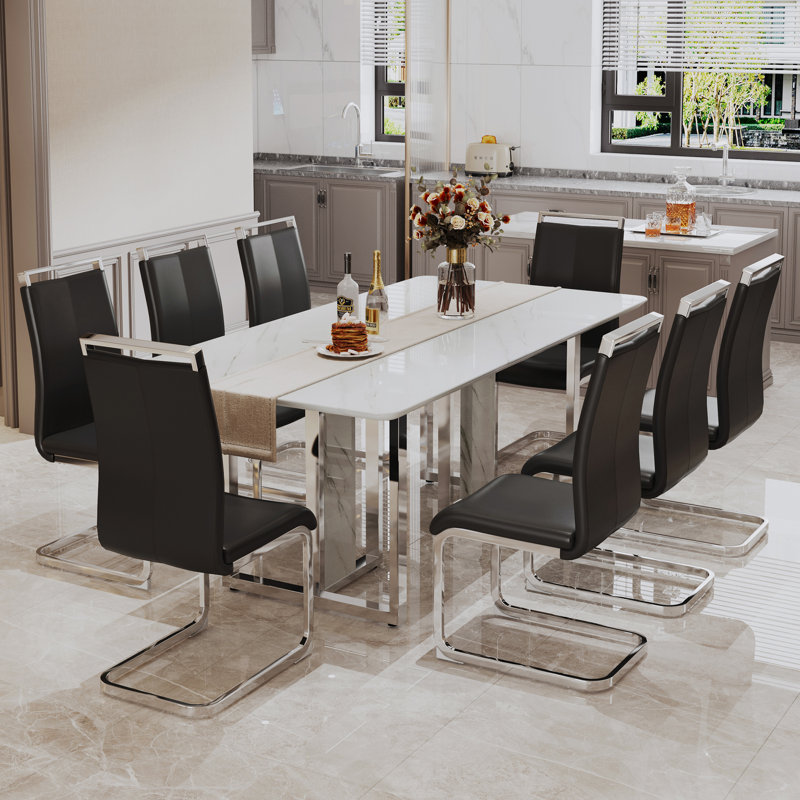 Ensemble repas 67 po rectangulaire en faux marbre 67 po avec 8 chaises en porte-à-faux, Blanc / argenté, Noir