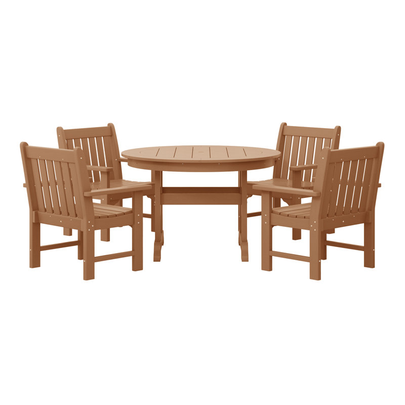 Poly 5-Piece Round Table Garden Arm Chair Dining Set, Brown