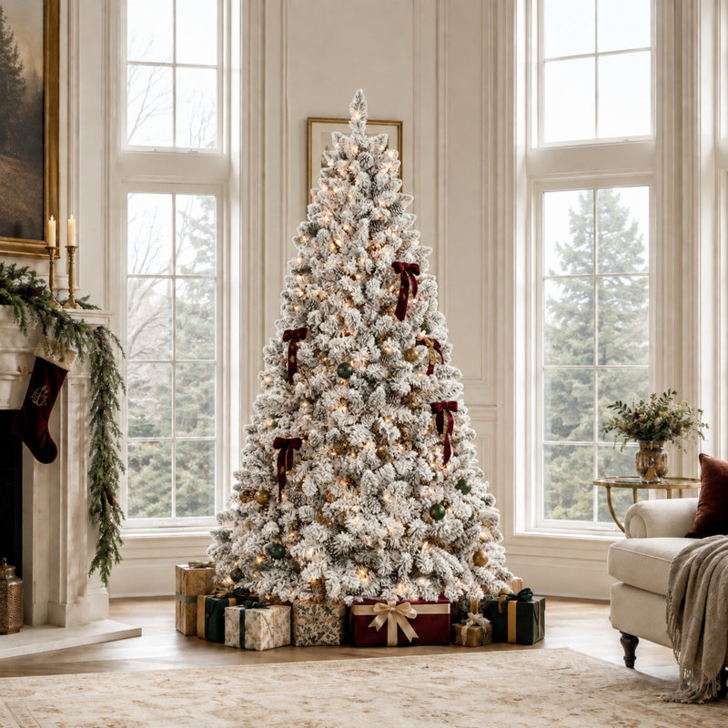 Sapin de Noël floqué de 2,4 m avec 700 lumières UL et 54 pommes de pin naturelles, 8