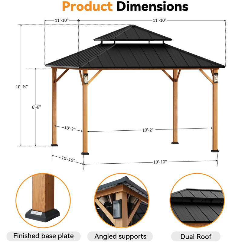 Hamilton 12' x 12' Hard Top Gazebo With Solar Self Powered LED Lights, Mosquito Netting And Canopy Hook, Brown