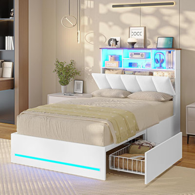 Twin Bed Frames with Bookcase Headboard, Wooden Bed Frame Twin Size with Charging Station, 4 Storage Drawers and LED Lights, LED Bed Frame with Type-C and USB, No Box Spring Needed, White