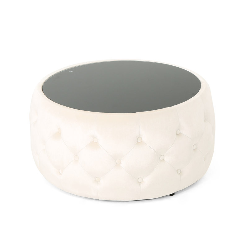 Modern Style Beige Velvet With Button- Detail And Tempered Glass Tabletop, 29.91"W X 29.91"D 14.6"H Exquisite Robust Glass, Option, 30X30x14.5
